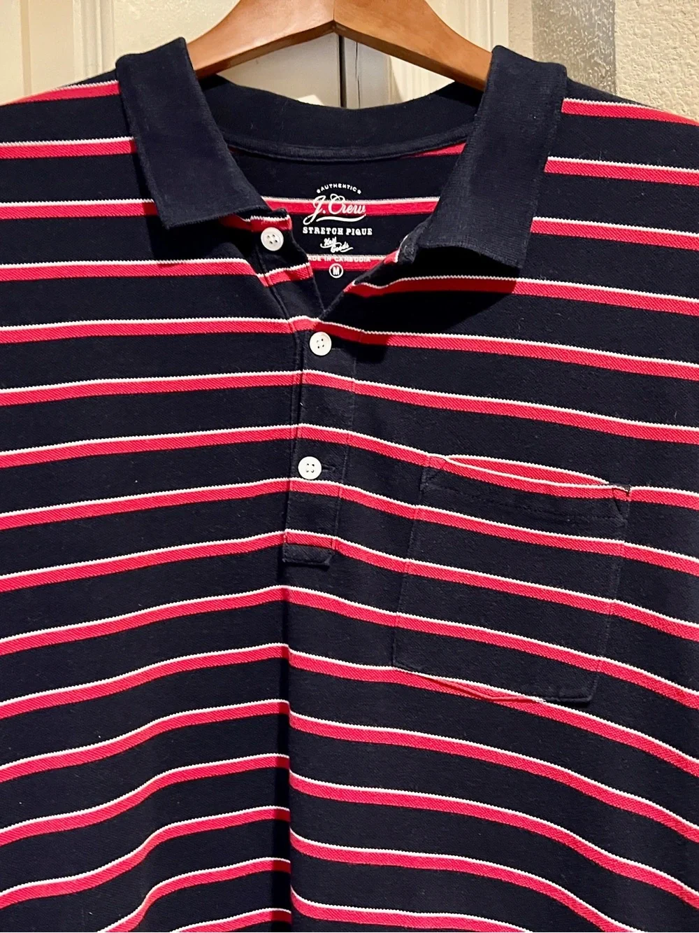 J. Crew Men’s Navy & Red Striped Stretch PiQue Polo Shirt w/ Pocket Sz M